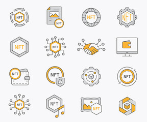 NFT icon set. Collection of blockchain, cryptocurrency, innovation, coin and more. Vector illustration.