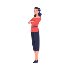 Young Smiling Woman with Folded Arms in Standing Pose Vector Illustration