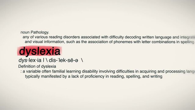 The Word Dyslexia Red Highlighted in a Dictionary Animation