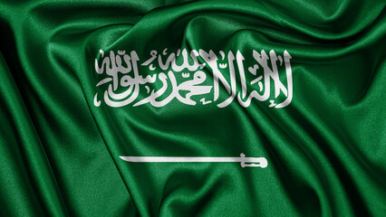 Close up realistic texture fabric textile silk satin flag of Saudi Arabia waving fluttering background. National symbol of the country. 23rd of September, Happy Day concept
