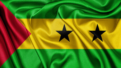 Close up realistic texture fabric textile silk satin flag of Sao Tome and Principe waving fluttering background. National symbol of the country. 12th of July, Happy Day concept
