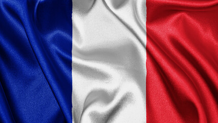 Obraz premium Close up realistic texture fabric textile silk satin flag of Saint Martin waving fluttering background. National symbol of the country. 11th of November, Happy Day concept