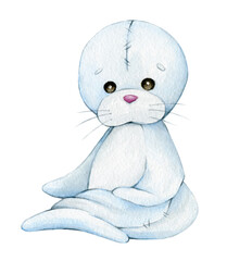 Cute seal, cartoon style, on an isolated background. Watercolor illustration, animal, toys.