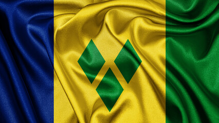 Close up realistic texture fabric textile silk satin flag of Saint Vincent and the Grenadines waving fluttering background. National symbol of the country. 27th of October, Happy Day concept
