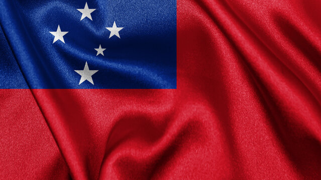 Close up realistic texture fabric textile silk satin flag of Samoa waving fluttering background. National symbol of the country. 1st of June, Happy Day concept - Powered by Adobe