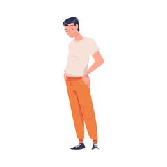 Young Smiling Man Standing with Hands on Hips and Winking Vector Illustration