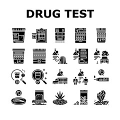 Drug Test Examination Device Icons Set Vector. Panel Drug Test Gadget For Searching Cocaine Or Amphetamines, Marijuana Alcohol In Blood Or Urine. Medical Review Glyph Pictograms Black Illustrations - obrazy, fototapety, plakaty