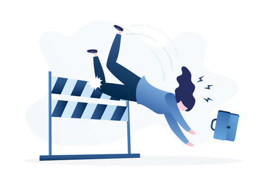 Problems, underperform female employee. Business failure, mistake or cannot overcome difficulty or obstacle. Frustrated loser businesswoman fail to jump over hurdle and falling to ground.