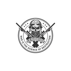 Angry skull warrior weapon in vintage monochrome style isolated vector illustration.