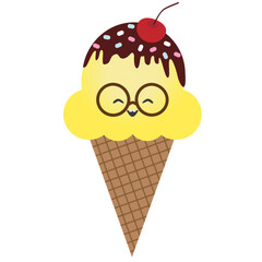 Vector illustration of ice cream cone in cartoon style in glasses with smiling face. Vector comic character