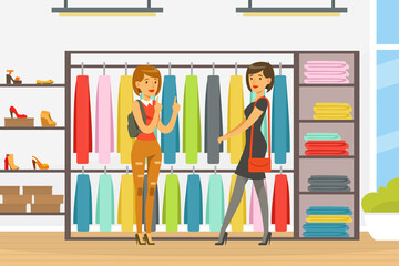 Young Woman in Fashion Store Choosing Clothing Doing Shopping Vector Illustration