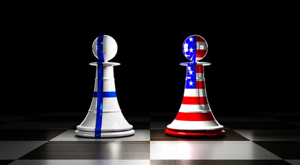 Finland and USA relations, chess pawns with national flags - 3D illustration