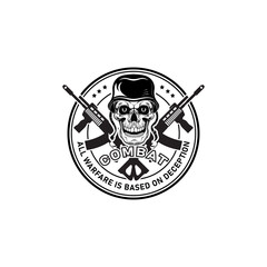 Angry skull warrior weapon in vintage monochrome style isolated vector illustration.