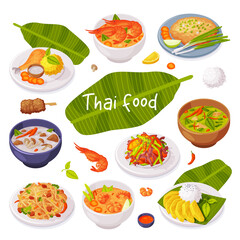 Traditional Thai Food with Green Palm Leaf Served in Bowl and Plate Vector Set