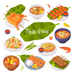 Traditional Thai Food with Green Palm Leaf Served in Bowl and Plate Vector Set
