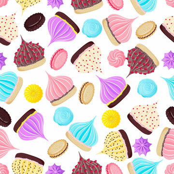 Seamless pattern with cute cookies and meringues on a white background in a cartoon flat style