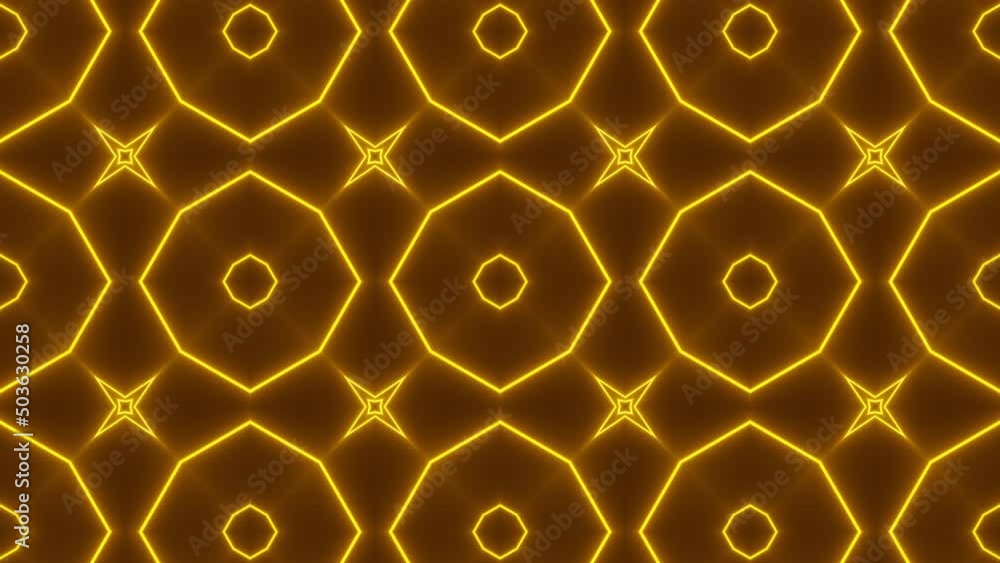 Poster symmetric mosaic with orange neon pattern on a black background. seamless loop motion graphic backdr