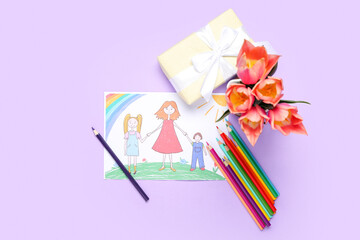 Picture with pencils, tulips and gift on lilac background. Mother's Day celebration