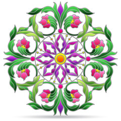 Illustration in the style of a stained glass window with a floral arrangement , plants isolated on a white background