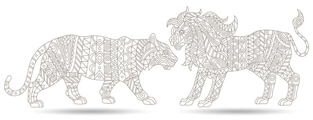 A set of contour illustrations in the style of stained glass with abstract lion and tiger, dark contours isolated on a white background