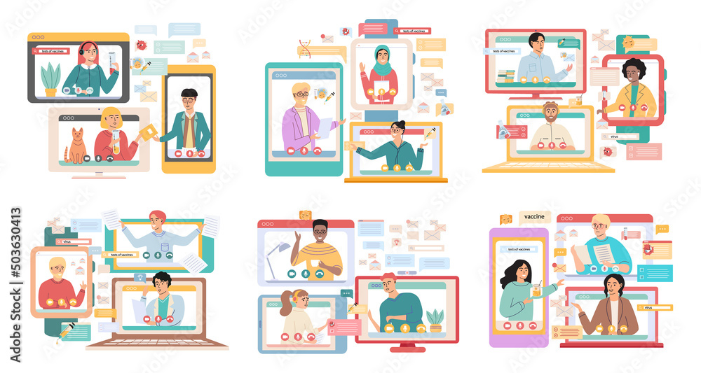 Poster virtual meeting, online teamwork. desktop computer with group of colleagues taking part in video con