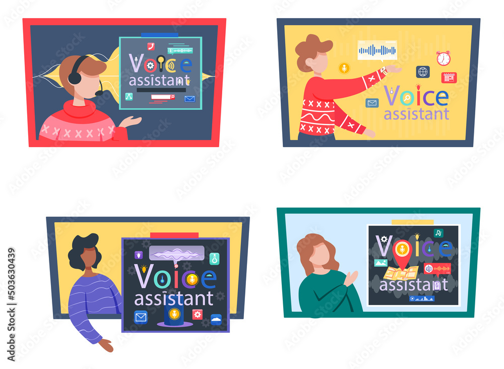 Poster voice assistant. smart speaker virtual assistant, sound robot, people using voice controlled smart s