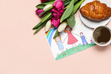 Picture with flowers, croissant and cup of coffee on pink background. Mother's Day celebration