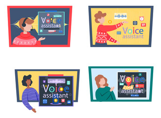 Voice assistant. Smart speaker virtual assistant, sound robot, people using voice controlled smart speaker. Voice activate digital assistant identification control contactless mobile device microphone