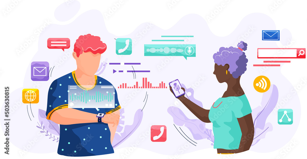 Poster voice assistant. smart speaker virtual assistant, sound robot, people using voice controlled smart s