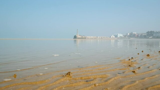 Cinematic view of Margate beach, a popular resort. Margate is a seaside town on the north coast of Kent in south-east England, UK