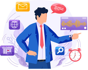 Voice assistant software agent perform tasks for user. Speaker recognition, vote controlled smart speaker. Man voice activated digital assistants, identification. Virtual assistant, sound robot