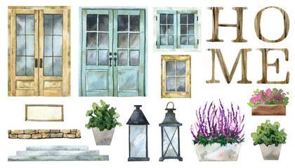 Windows & doors with flowers, cozy porch, front door decor watercolor illustration