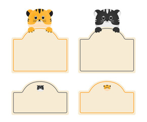 Kindergarten name tag with tiger and black tiger on it illustration set. Notepad, tiger icon, sticker, memo, kid. Vector drawing. Hand drawn style.