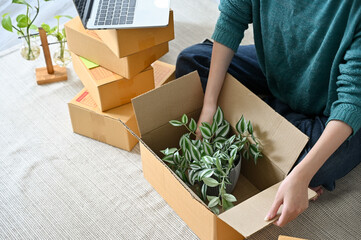 Female online plants seller packing a small plants into a parcel box