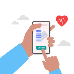 Person buying the pills online with the smartphone. Ordering medicines concept illustration.