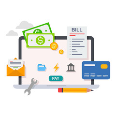 Mobile phone payment laying down on bill heap. Payment of utility, bank, restaurant and other concept illustration.