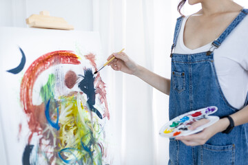 Female artist painting on canvas, Artist studio interior, Draw with watercolor, Drawing supplies ,...