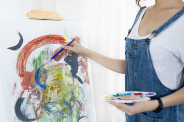 Female artist painting on canvas, Artist studio interior, Draw with watercolor, Drawing supplies ,...