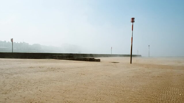 Cinematic view of Margate beach, a popular resort. Margate is a seaside town on the north coast of Kent in south-east England, UK