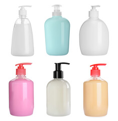 Set with different bottles of liquid soap on white background