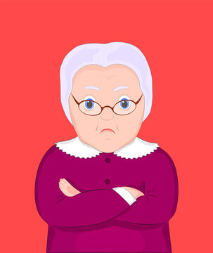 Vector illustration of an evil grandmother. Angry, disgruntled granny with glasses on a red background.