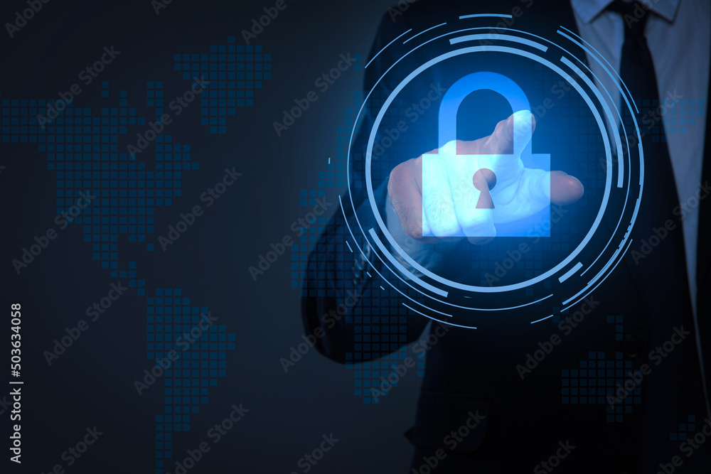 Poster cyber security concept. man pointing at virtual screen with padlock icon on dark background, closeup