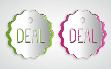 Paper cut Deal icon isolated on grey background. Paper art style. Vector