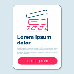 Fototapeta premium Line Movie clapper icon isolated on grey background. Film clapper board. Clapperboard sign. Cinema production or media industry. Colorful outline concept. Vector