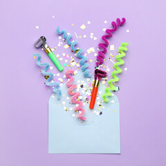 Beautiful flat lay composition with envelope and festive items on violet background. Surprise party...