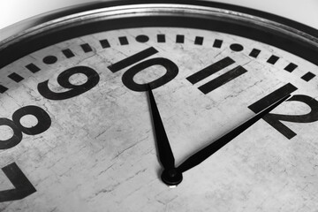 Stylish analog clock on white background, closeup