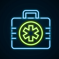 Glowing neon line First aid kit icon isolated on black background. Medical box with cross. Medical equipment for emergency. Healthcare concept. Colorful outline concept. Vector