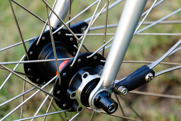 close up hub and spokes of fixed gear bike, old vintage bicycle