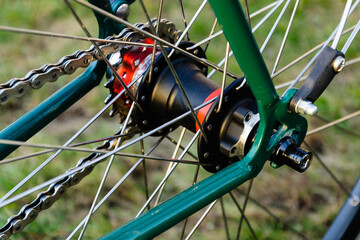 close up hub and spokes of fixed gear bike, old vintage bicycle
