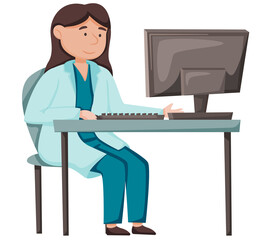 Doctors workplace. Female doctor in white uniform is sitting at table with copmputer consults patients remotely in hospital. Professional therapist watching online medical conference in clinic